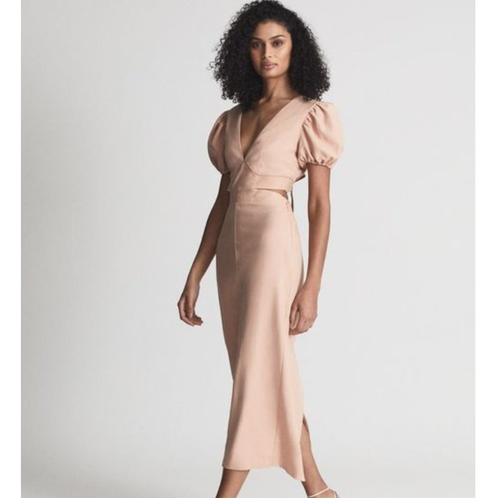 Reiss Jennah Puff Sleeve Cut Out Back Midi in Peach